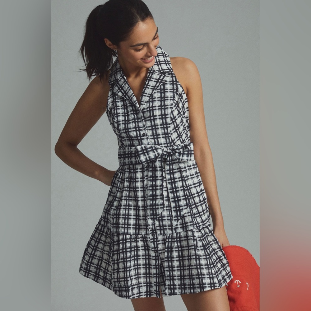 Maeve by Anthropologie Plaid Mini Shirt Flounce Dress Black White Sleeveless 0P